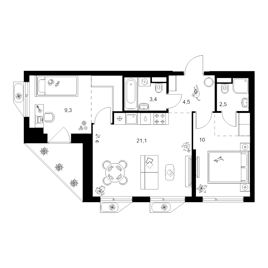 3 ккв (Евро) 58,9 м²