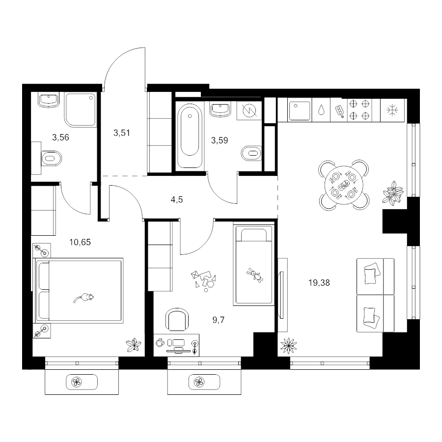 3 ккв (Евро) 54,9 м²