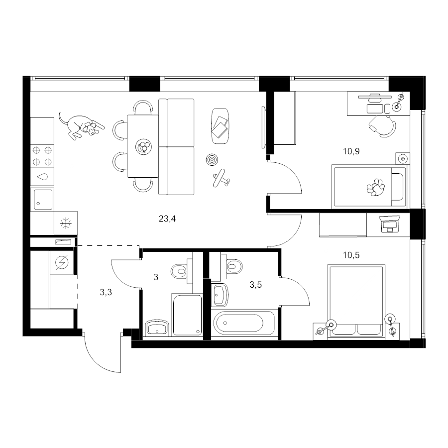 3 ккв (Евро) 56,9 м²