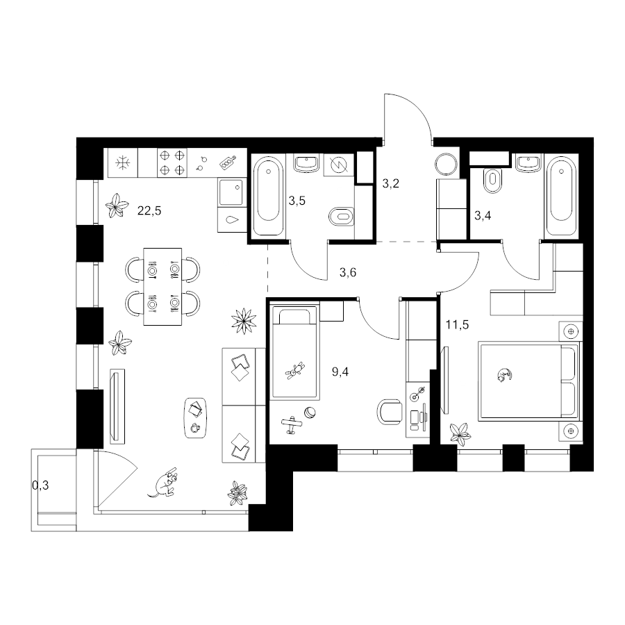 3 ккв (Евро) 57,4 м²
