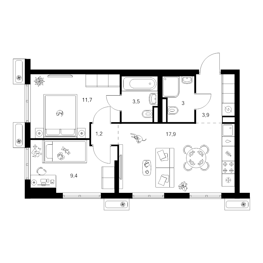 3 ккв (Евро) 50,6 м²