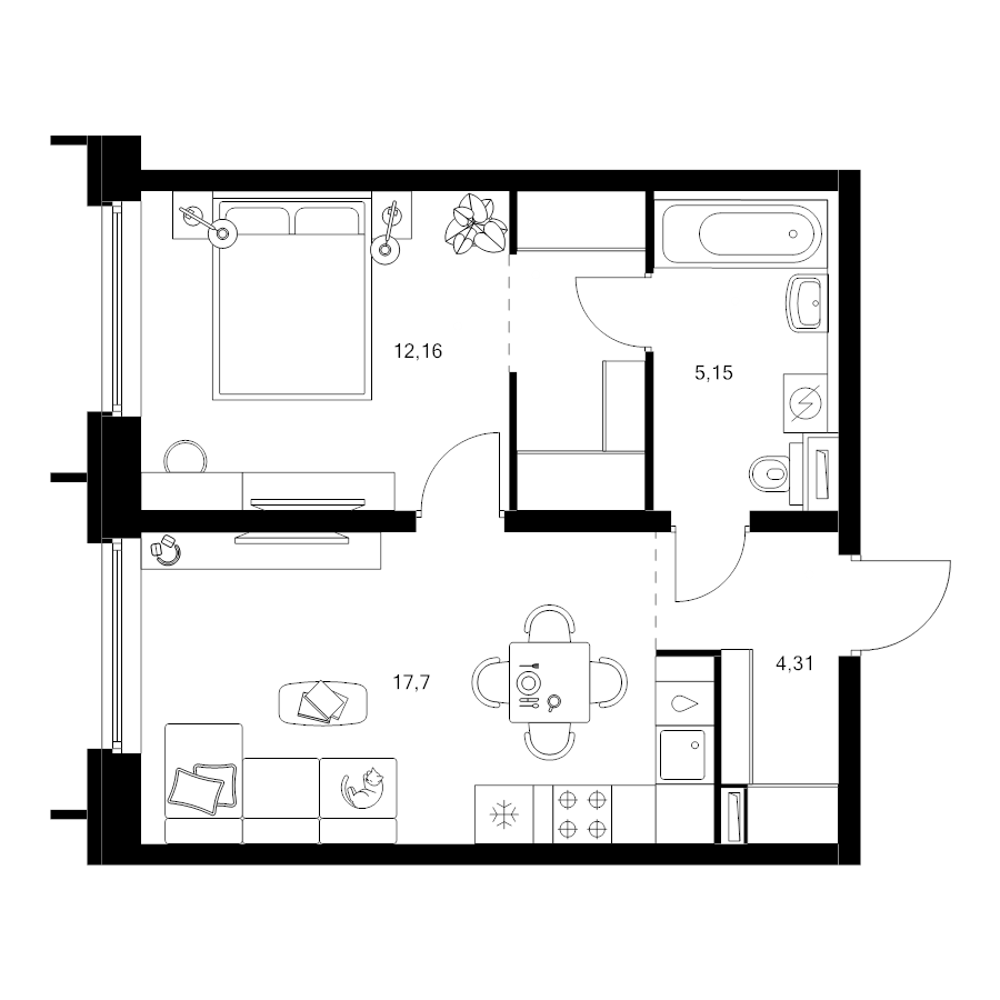 2 ккв (Евро) 43,7 м²