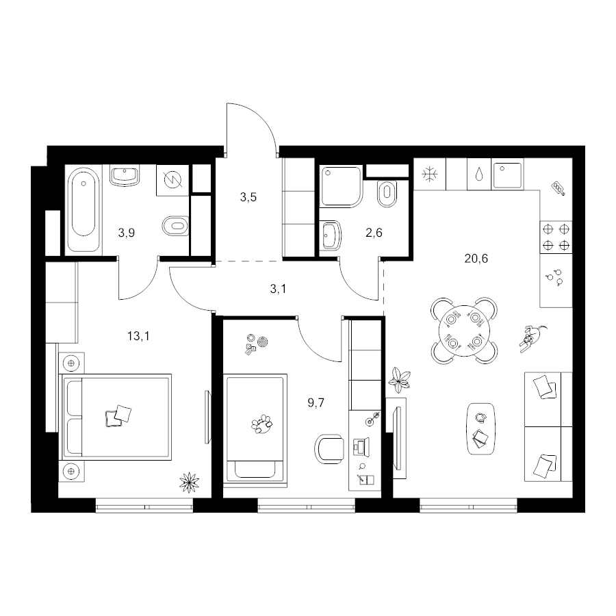 3 ккв (Евро) 56,5 м²