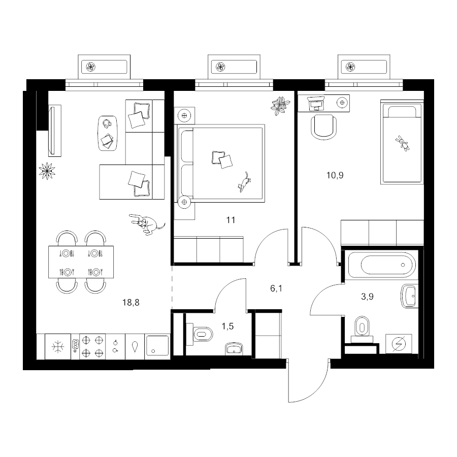 3 ккв (Евро) 52,2 м²