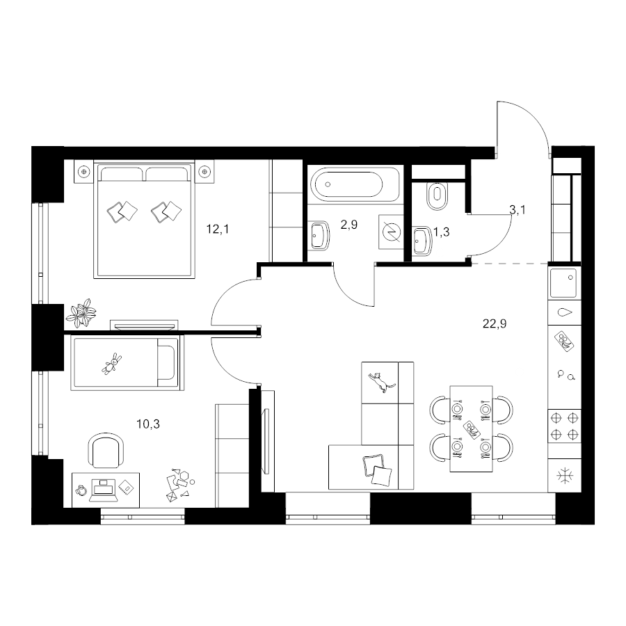 3 ккв (Евро) 52,6 м²