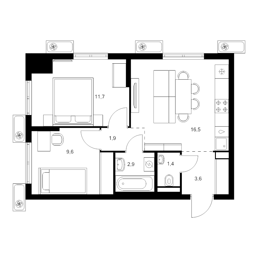 3 ккв (Евро) 47,6 м²