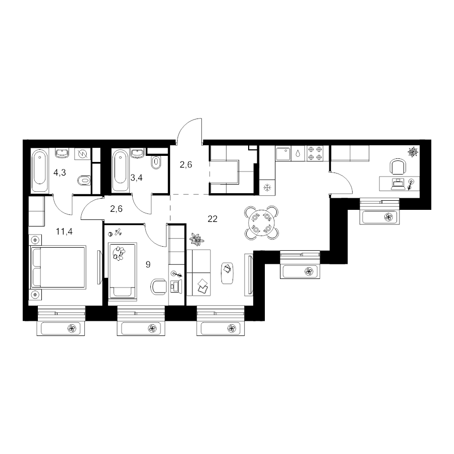 3 ккв (Евро) 64,9 м²