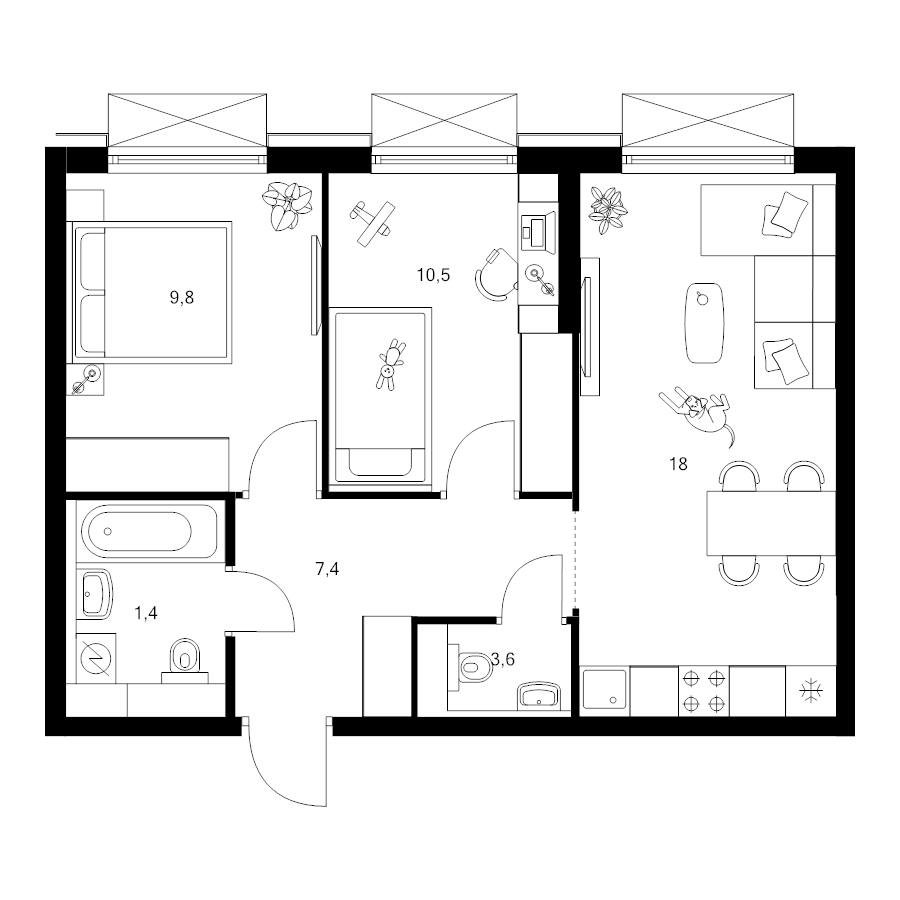 3 ккв (Евро) 50,7 м²