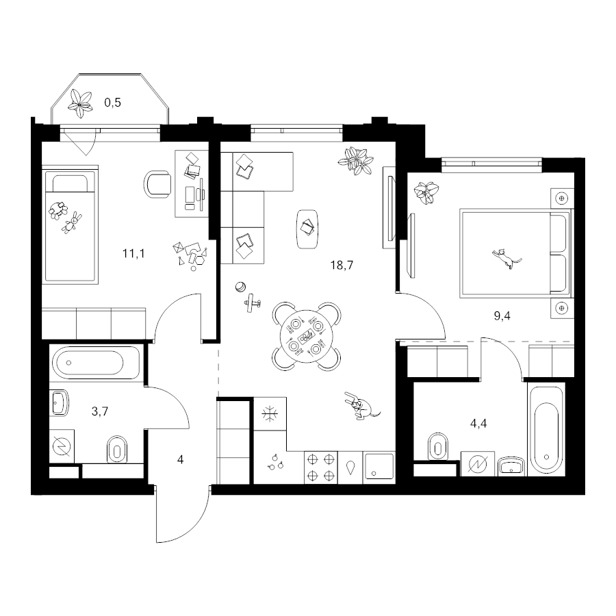3 ккв (Евро) 53,8 м²