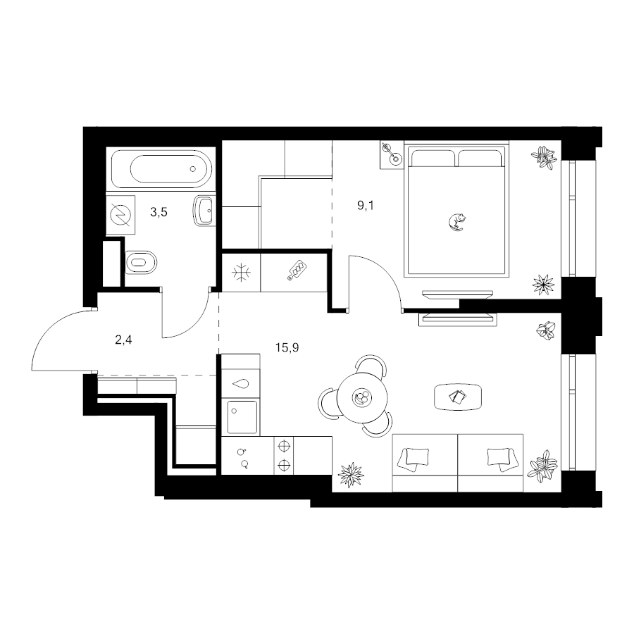 1 ккв 34,9 м²