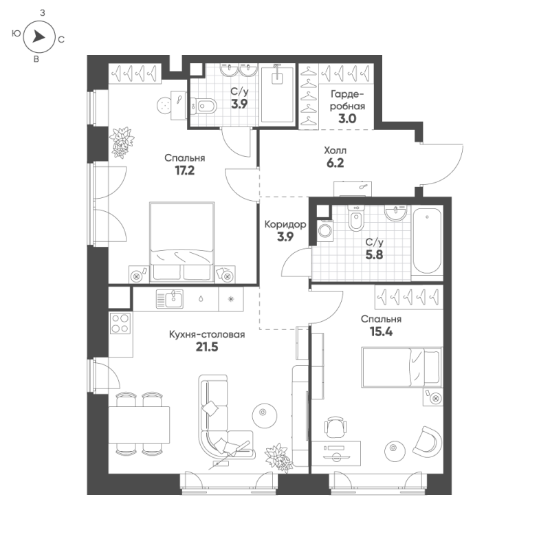 3 ккв (Евро) 76,9 м²