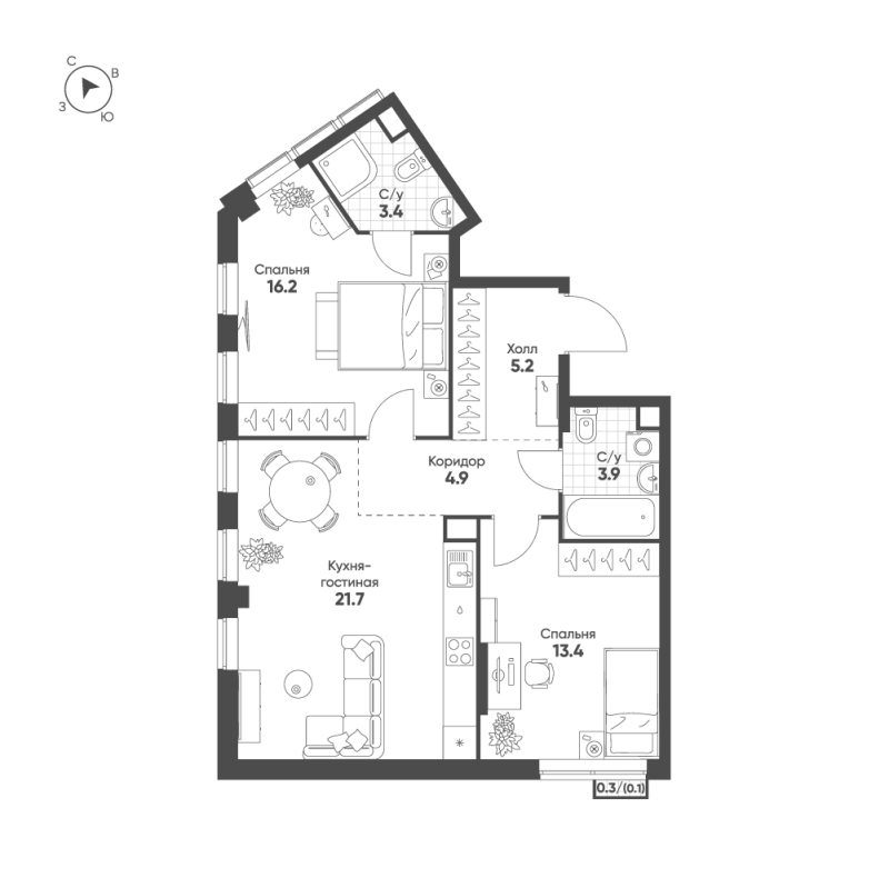 3 ккв (Евро) 68,8 м²