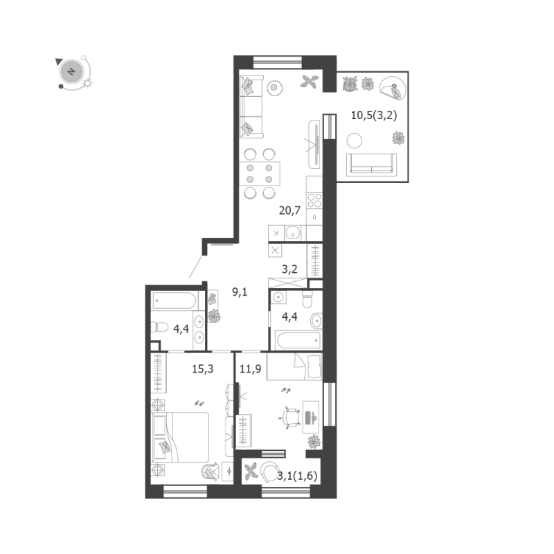 3 ккв (Евро) 73,8 м²