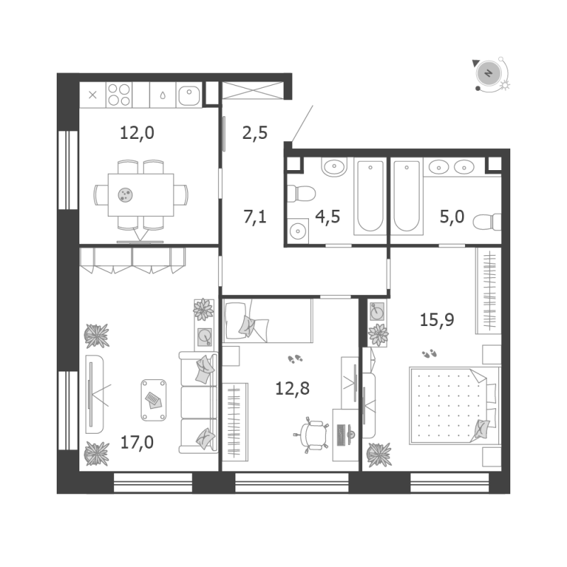 3 ккв 76,8 м²