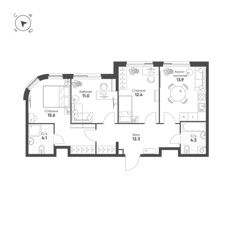 3 ккв 73,6 м²