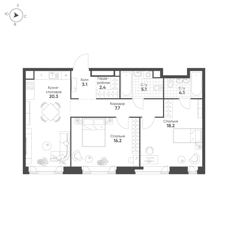 3 ккв (Евро) 77,1 м²