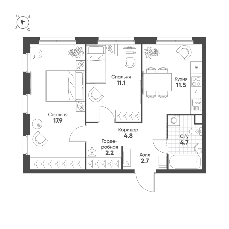 2 ккв 54,9 м²