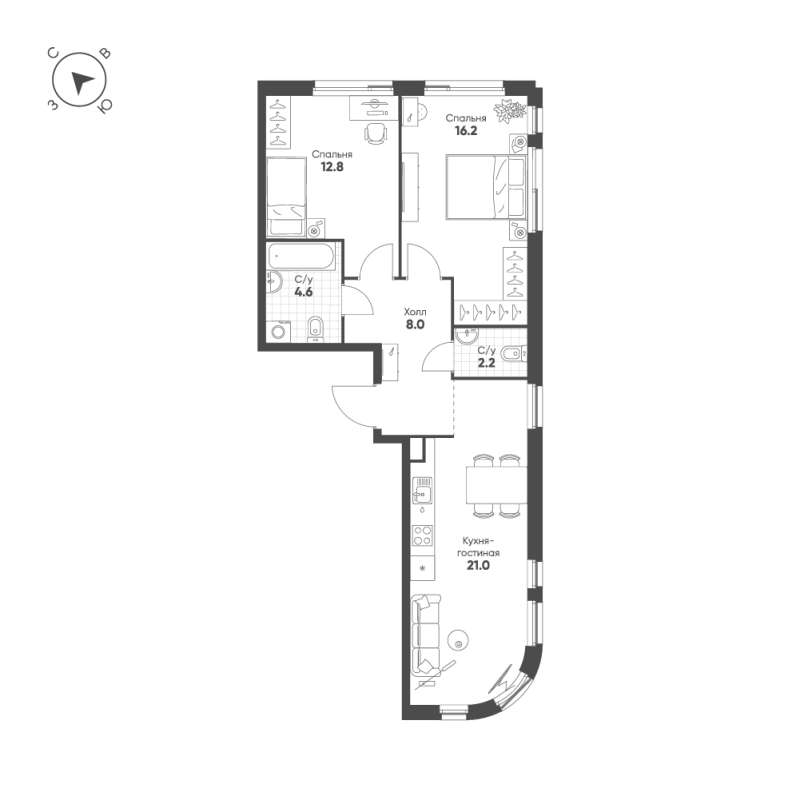 3 ккв (Евро) 64,8 м²