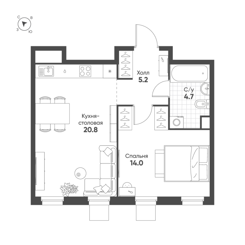 2 ккв (Евро) 44,7 м²