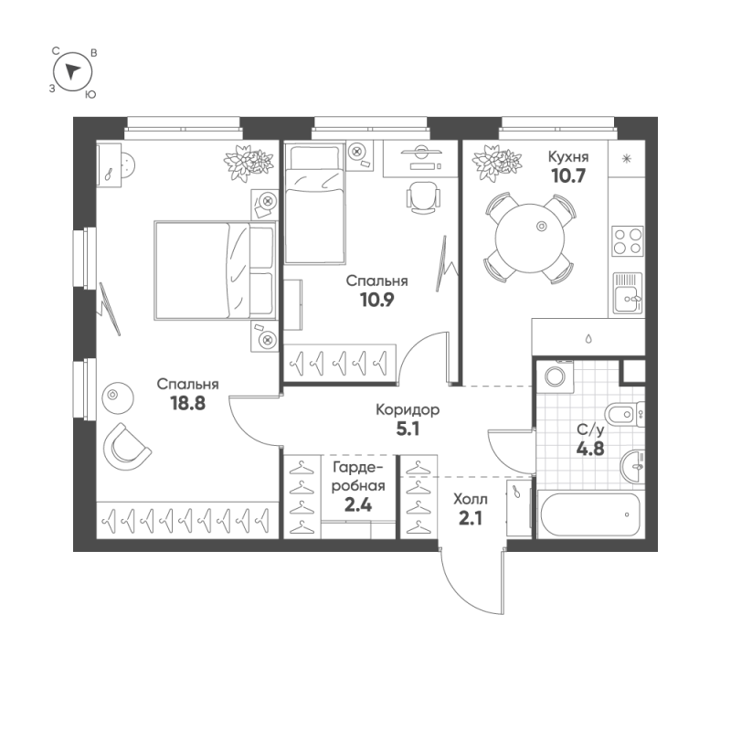 2 ккв 54,8 м²