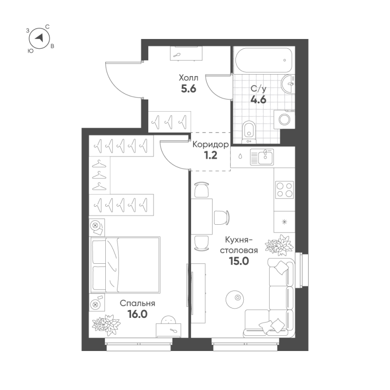 2 ккв (Евро) 42,4 м²