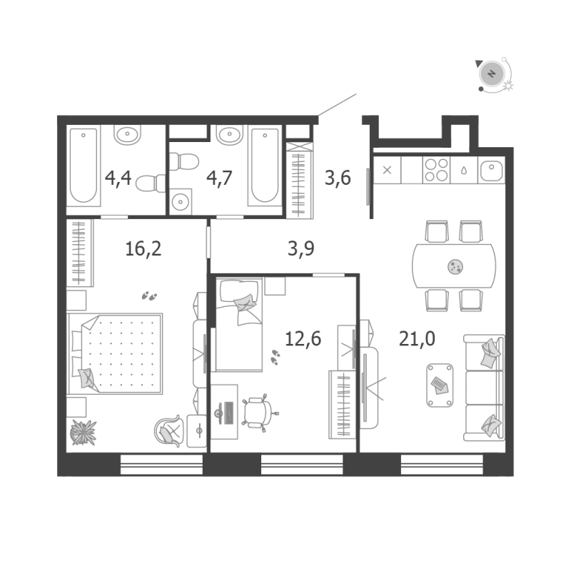3 ккв (Евро) 66,4 м²