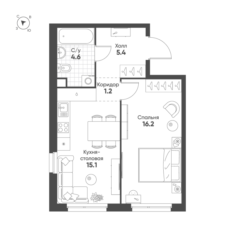 1 ккв 42,5 м²