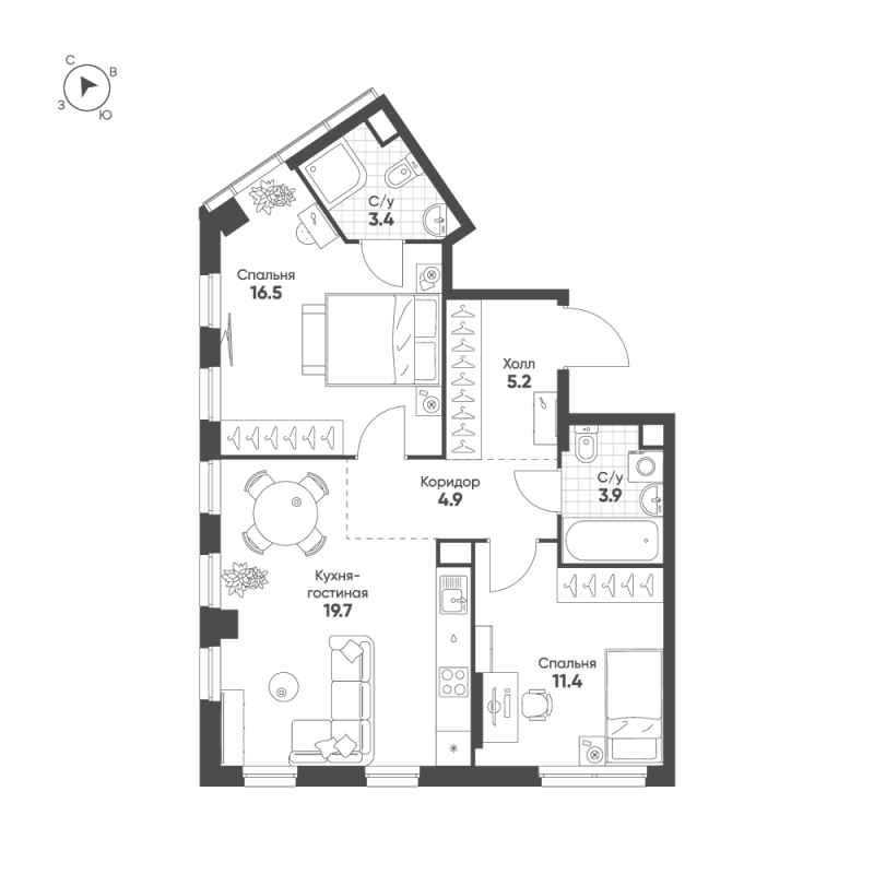 3 ккв (Евро) 63,3 м²