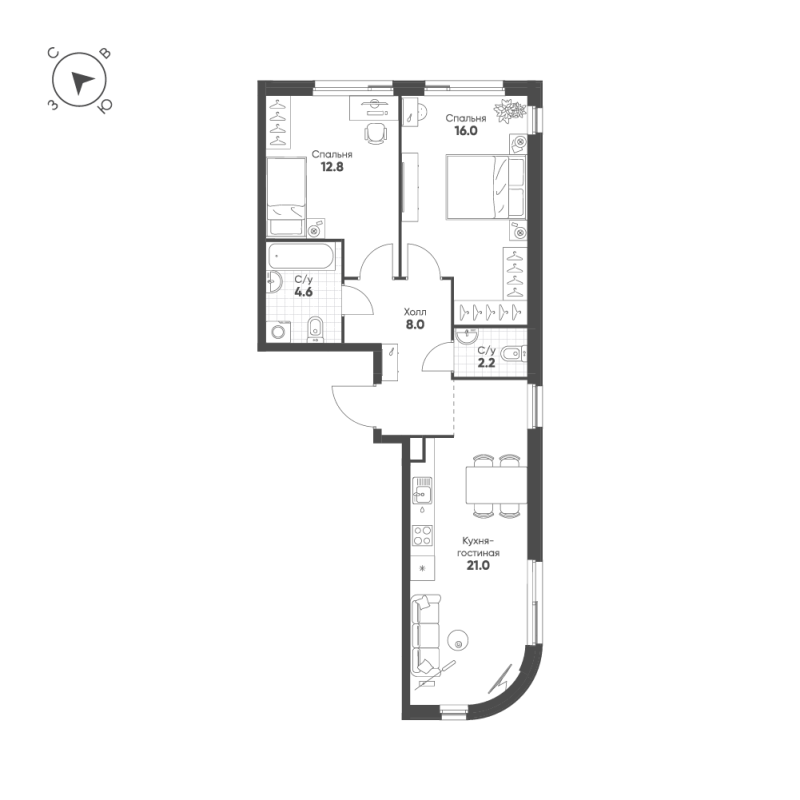3 ккв (Евро) 64,6 м²
