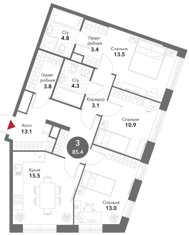 4 ккв (Евро) 85,8 м²