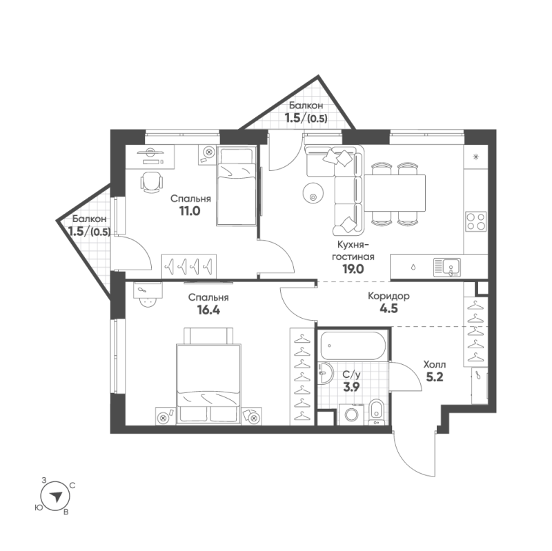 3 ккв (Евро) 61 м²