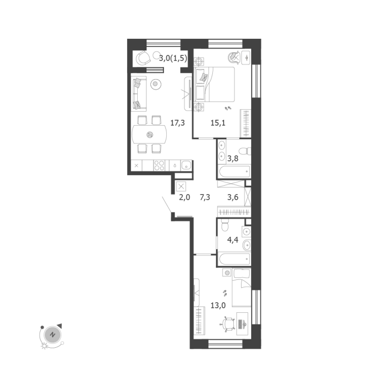 3 ккв (Евро) 68 м²