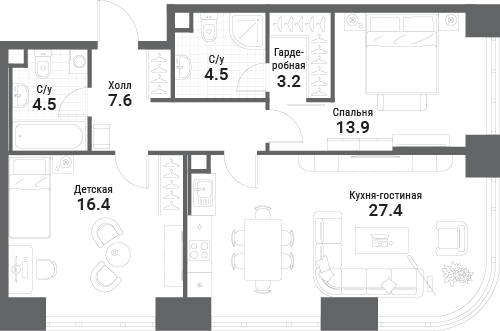 3 ккв (Евро) 77,5 м²