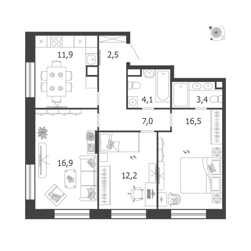 3 ккв 74,5 м²