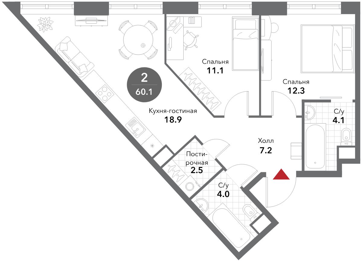 3 ккв (Евро) 60,1 м²