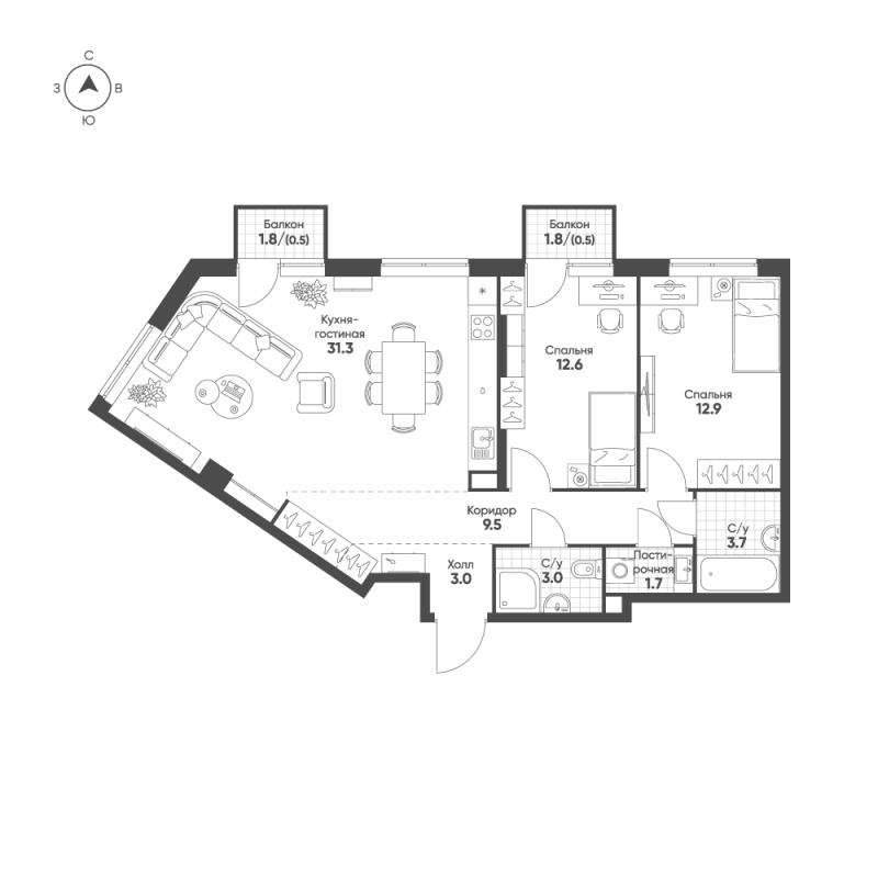 3 ккв (Евро) 78,7 м²