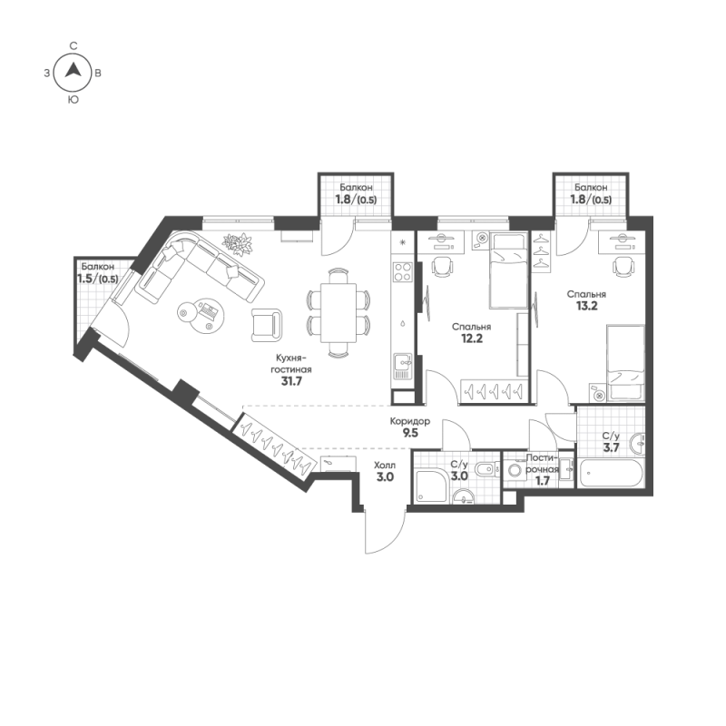 3 ккв (Евро) 79,5 м²