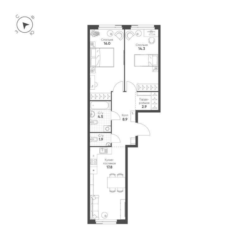 3 ккв (Евро) 66,3 м²