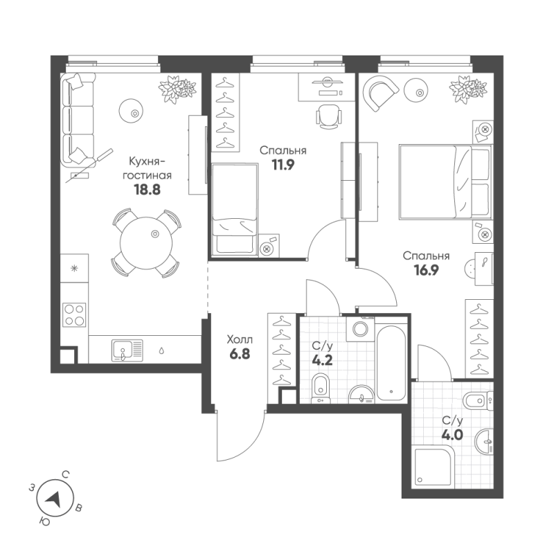 3 ккв (Евро) 62,6 м²