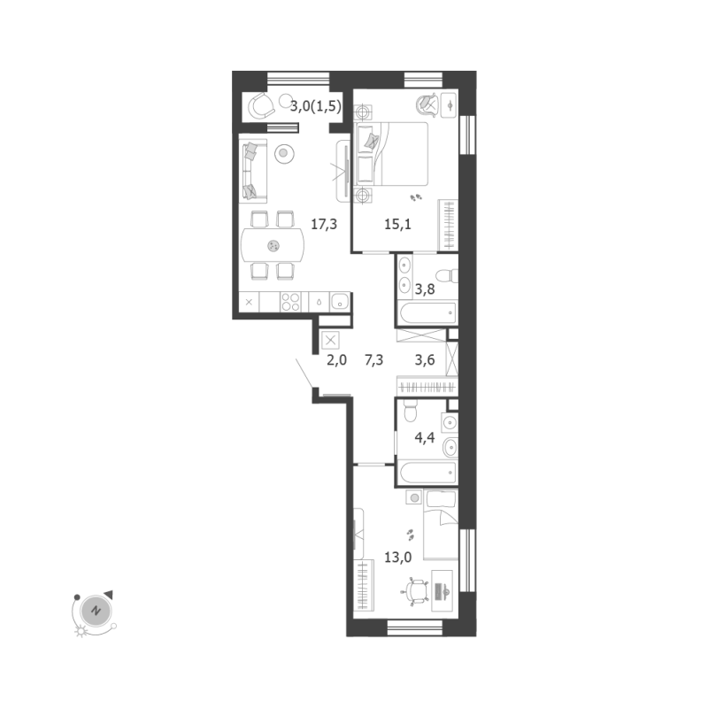 3 ккв (Евро) 68 м²