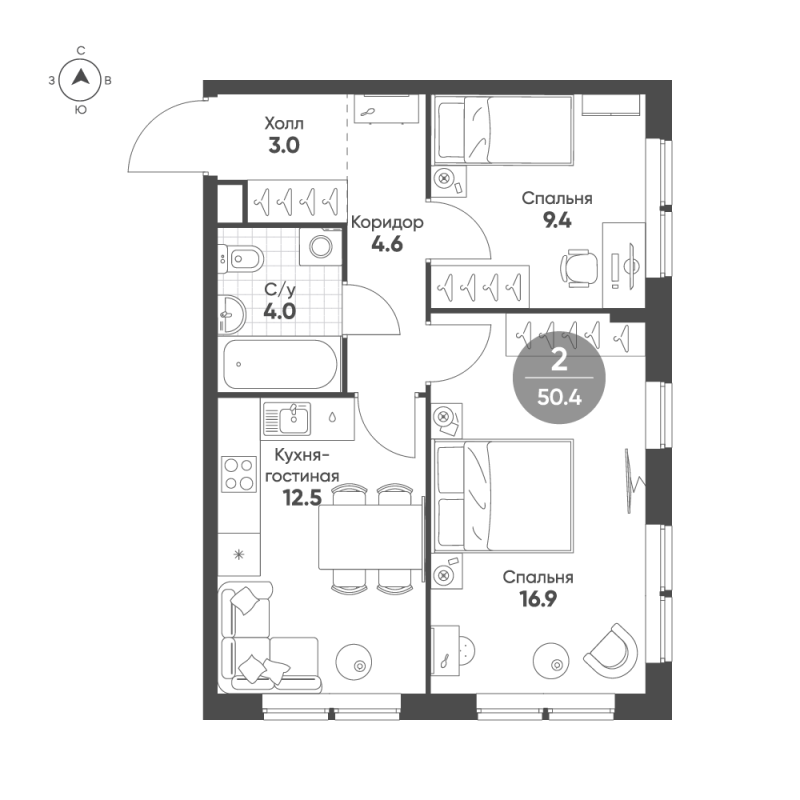 2 ккв 50,4 м²