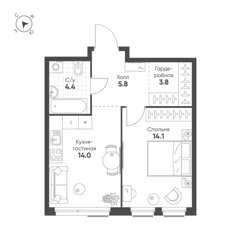 1 ккв 42,1 м²