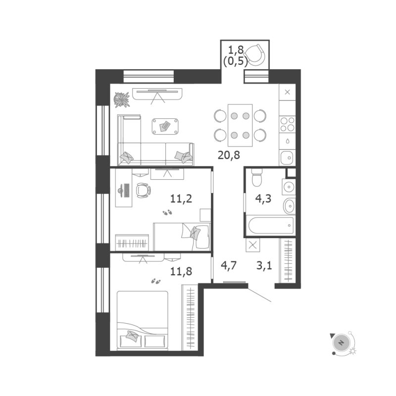 3 ккв (Евро) 56,4 м²