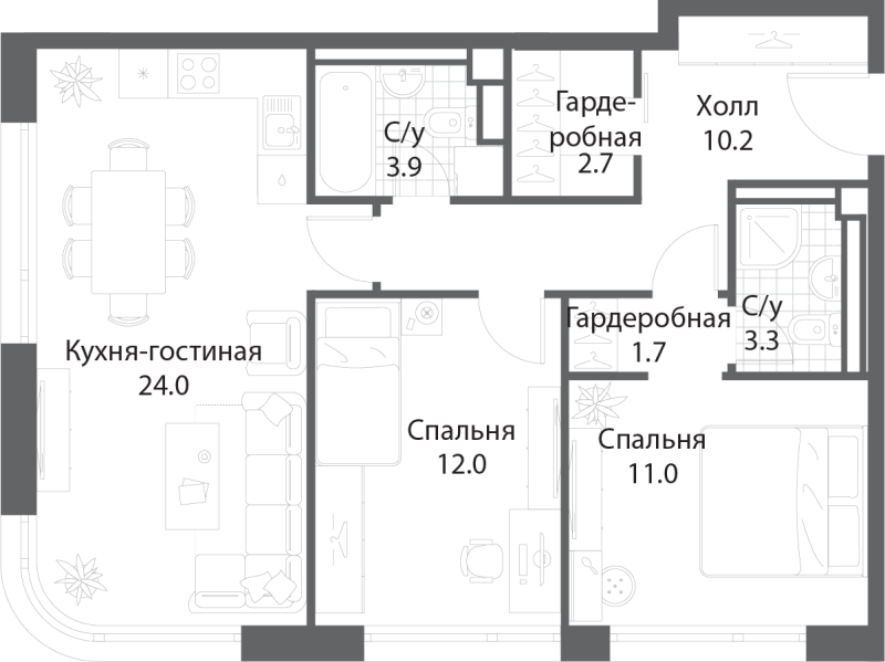 3 ккв (Евро) 68,6 м²