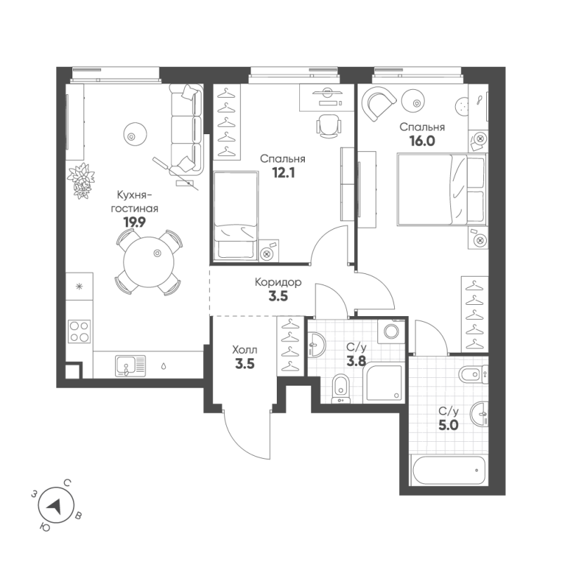 3 ккв (Евро) 63,8 м²