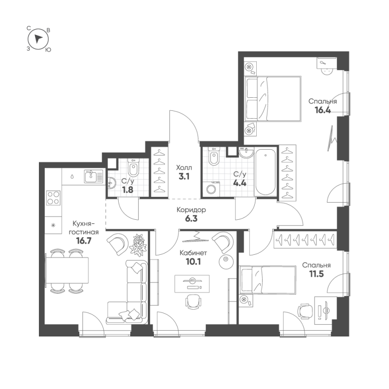 4 ккв (Евро) 70,3 м²