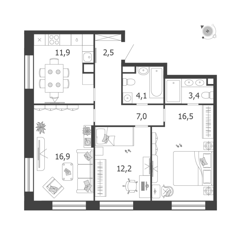 3 ккв 74,5 м²