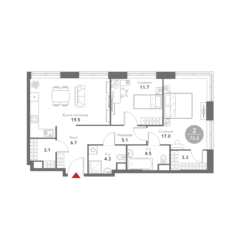 3 ккв (Евро) 75,4 м²