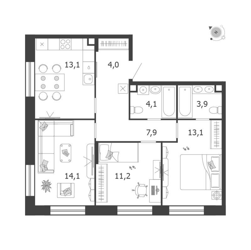 3 ккв 71,3 м²