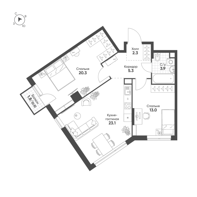 3 ккв (Евро) 68,4 м²